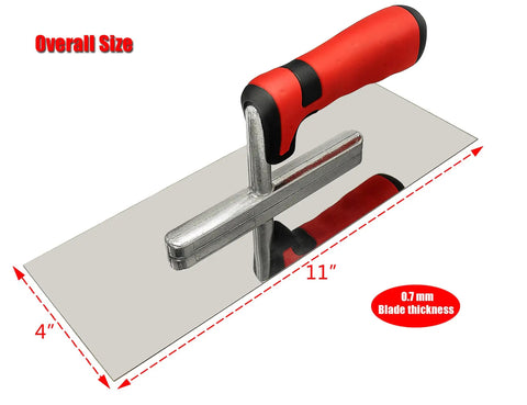 3 Piece Stainless Steel Concrete Tools Set With Finishing Trowel 11 By 4 Inch Edger 6 By 3 Inch One Half Inch Radius Groover 6 By 3 Inch One Half Inch Wide DIY Masonry Stucco Cement Kit For Home Projects Ergonomic Hand Tools, showing 11x4 inch trowel with red handle