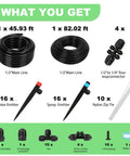 Upgraded Drip Irrigation Kit With 46 Ft Main Tubing And Half Inch Lines, Quick Connect Fittings for garden lawn greenhouse shown
