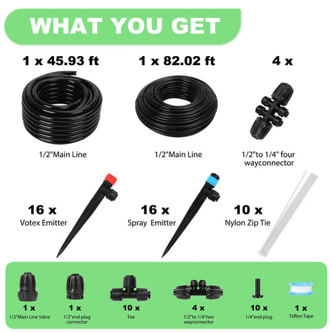 Upgraded Drip Irrigation Kit With 46 Ft Main Tubing And Half Inch Lines, Quick Connect Fittings for garden lawn greenhouse shown