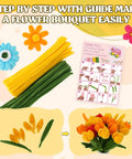 800 Pieces Pipe Cleaners Flower Kit for DIY Crafts showing step-by-step instructions for making a floral bouquet.