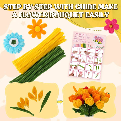 800 Pieces Pipe Cleaners Flower Kit for DIY Crafts showing step-by-step instructions for making a floral bouquet.
