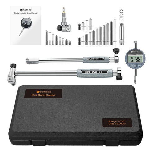 Neoteck digital dial bore gauge kit with 0.7–6 in range, 0.0005 in grad, includes 23 anvils and a black case