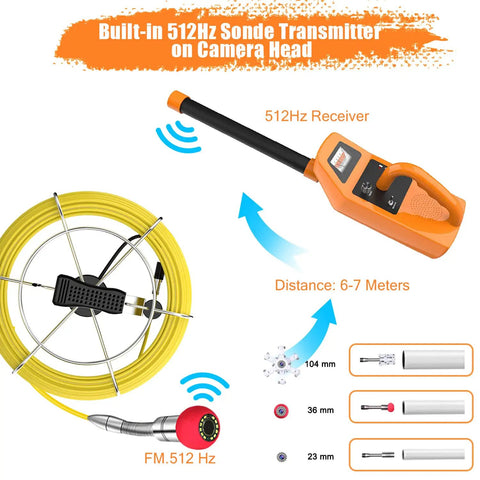 Badass Sewer Camera With Locator And 512Hz Sonde Transceiver, showing 512Hz receiver and cable for pipe inspection.
