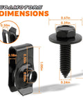 One Quarter Inch Body Fastener Kit With Twenty Five Bolts And Twenty Five U Nut Clips For Fender Engine Cover And Splash Shield Black Phosphate Coated Indented Hex Head With Free Spinning Washer Ideal For Car Bumpers Furniture And More dimensions view showing bolt and U-nut size.