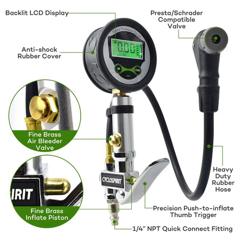 Digital Bicycle Tire Inflator Gauge With Auto Select Valve Head For Presta And Schrader, showing backlit LCD and rubber cover.