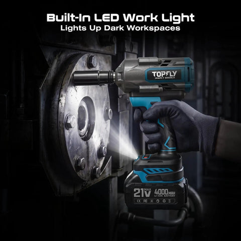 Impact Wrench 1500 Nm Brushless Cordless High Torque With Dual 4Ah Batteries, 4 Speed Settings, 3500 RPM, Half Inch Drive For Cars Trucks And Heavy Duty Truck Repairs, LED light on wheel hub