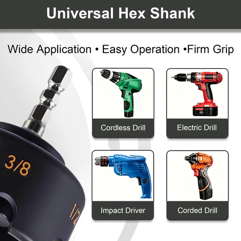 Heavy Duty Nut Runner Drill Attachment Bolt Zipper Tool Fits 1/4 3/8 1/2 Inch Threaded Rods showcased with various drill types.