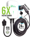 Level 2 Electric Vehicle Wall Charger Station 40 Amp 240 Volt Slick Hard Charging Workhorse With 25 Foot Heavy Duty Cable And Nema 1450 Plug, 24 ft cable and handle dock.
