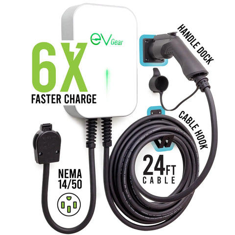 Level 2 Electric Vehicle Wall Charger Station 40 Amp 240 Volt Slick Hard Charging Workhorse With 25 Foot Heavy Duty Cable And Nema 1450 Plug, 24 ft cable and handle dock.