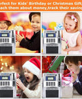 Children using Cool Kids ATM Piggy Bank With Debit Card, LCD Screen And Voice Prompts to save money, with gift boxes.