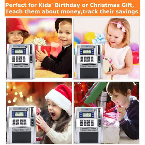 Children using Cool Kids ATM Piggy Bank With Debit Card, LCD Screen And Voice Prompts to save money, with gift boxes.