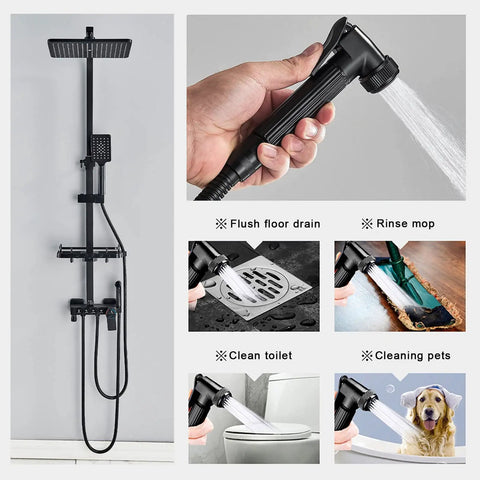 Dope Matte Black Outdoor Shower System with Thermostatic Control, hand sprayer, rain shower head, bidet, stainless steel and brass construction