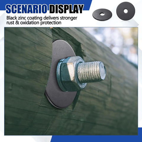 Beefy 200 Piece Zinc Fender Washer Set 0.25 Inch By 1.25 Inch 1 Millimeter Thick installed on wood with bolt; corrosion-resistant