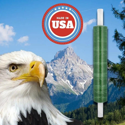 Built Tough Dark Green Plastic Stretch Wrap With Slick Self Adhesive Cling And Easy Grip Core Handles 20 By 1000 Feet Heavy Duty 80 Gauge Bundling Film For Moving Shipping 4 Rolls against a scenic mountain backdrop.
