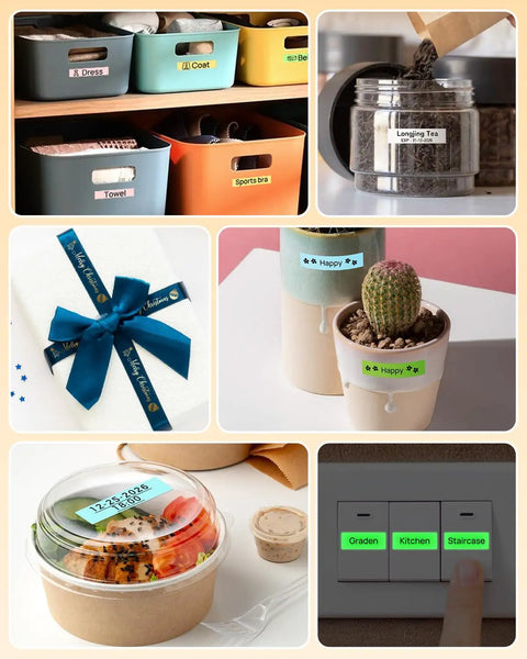 Compact Bluetooth Label Maker With Tape And Templates used for organizing containers, gift wrapping, and labeling home items.