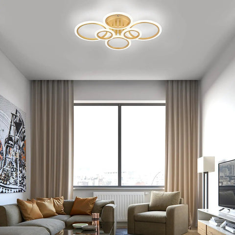 Modern LED Ceiling Light With Six Ring Gold Finish Flush Mount Fixture 4000K Neutral White Lighting in living room view