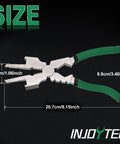 8 Inch MIG Welding Pliers With Nozzle Cleaner And Rounded Hammer Face, dimensions shown, green ergonomic handles, on black background