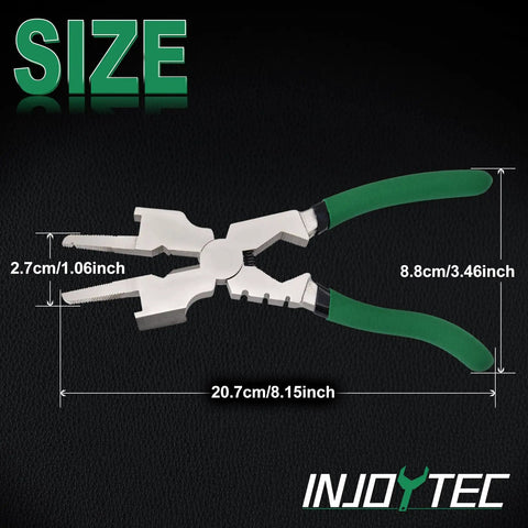 8 Inch MIG Welding Pliers With Nozzle Cleaner And Rounded Hammer Face, dimensions shown, green ergonomic handles, on black background