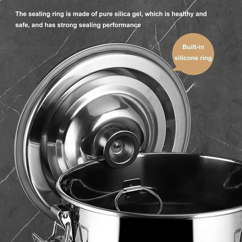 Heavy Duty 304 Stainless Steel Storage Bucket With Secure Airtight Lids For Bulk Rice Grains Coffee Beans Dog Food And Liquids Commercial Grade Kitchen Setup Hella Tough 16.9 Gallon Capacity No Mess, featuring built-in silicone sealing ring.