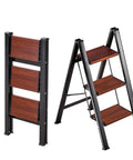 Three Step Folding Ladder With Wide Anti Slip Pedals And Comfort Handgrip Lightweight Aluminum 330 Lbs Capacity Portable Plant Support, folded and open