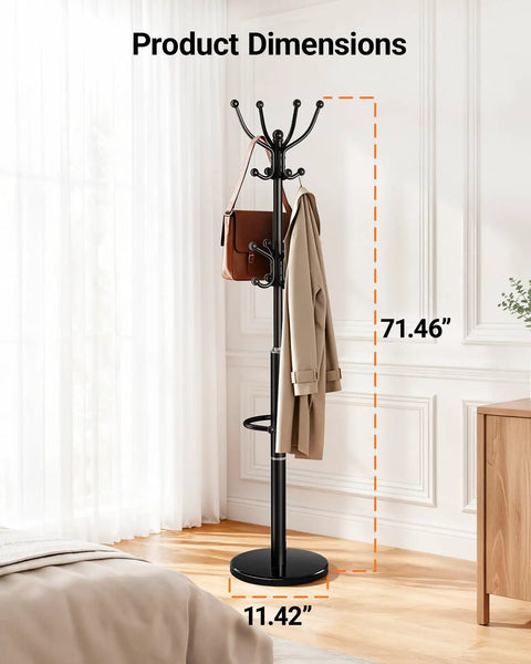 Heavy Duty Coat Rack With Marble Base And 16 Hooks Freestanding Coat Tree With Detachable Umbrella Holder in a bedroom