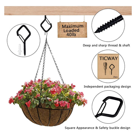 Super Slick Dead Simple Q-Hanger Hooks 20 Pack For Indoor Ceiling And Covered Patio String Lights Plus Hanging Plants Wind Chimes With Drywall Anchor Inserts Black Square Frame