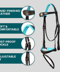 Anatomical Dressage Bridle With Reins In Brown Leather, Padded Crown And Nose, Dope Turquoise Padding Accent, Crank Style Buckles Behind Jaw