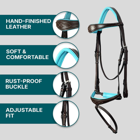 Anatomical Dressage Bridle With Reins In Brown Leather, Padded Crown And Nose, Dope Turquoise Padding Accent, Crank Style Buckles Behind Jaw