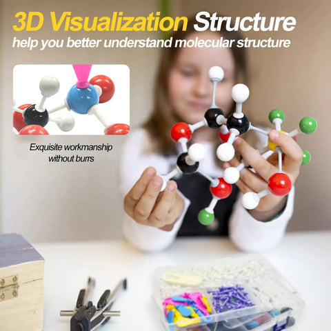 Child using the Ultimate 297 Piece Chemistry Molecule Model Kit for hands-on learning with 3D atom models and bond links.
