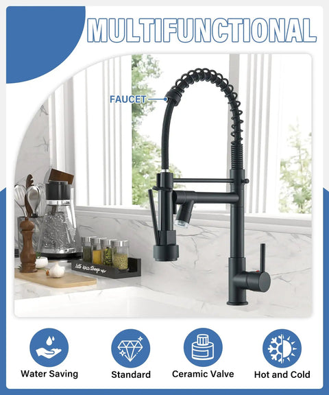 LED Kitchen Faucet With Pull Down Sprayer In Matte Black Stainless Steel in modern kitchen setting