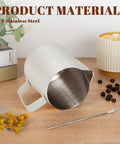 12 Oz Milk Frothing Pitcher With Clear Scale 304 Stainless Steel Barista Pouring Cup White on wooden table with decor