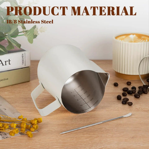 12 Oz Milk Frothing Pitcher With Clear Scale 304 Stainless Steel Barista Pouring Cup White on wooden table with decor