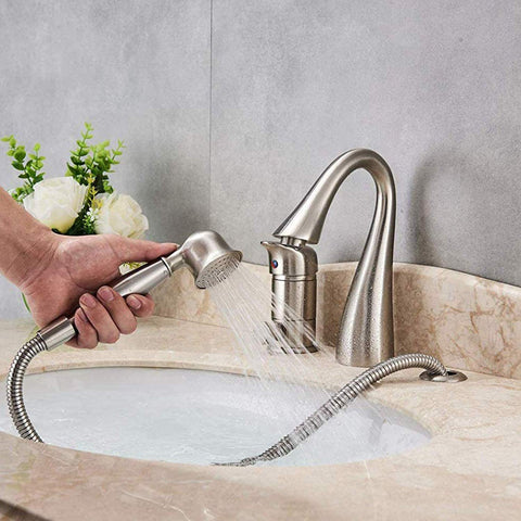 Brass Bathtub Faucet Set With Waterfall Style Shower Three Hole Deck Mount Br brushed Nickel Finish Single Handle Mixer With Handheld Shower