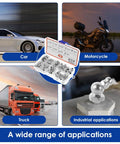 9 Type Galvanized Metal Grease Fittings Kit For Grease Guns Pro Grade Zerk Set shown with applications on car, motorcycle, truck, machinery