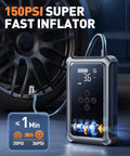 Four In One Jump Starter With Air Compressor For Cars And SUVs, 150 PSI auto shutoff tire inflator next to car tire.