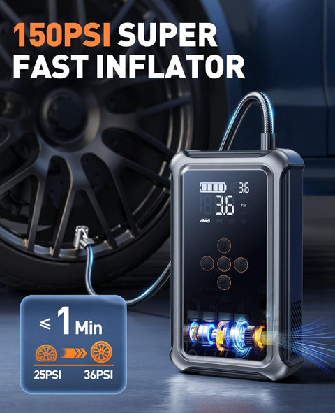 Four In One Jump Starter With Air Compressor For Cars And SUVs, 150 PSI auto shutoff tire inflator next to car tire.