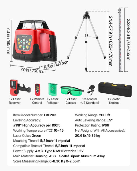 Heavy Duty 360 Degree Rotary Laser Level Kit With 2000 Ft Green Beam Self Leveling Transmitter Digital Receiver Remote Control Tripod.