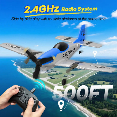 P51 Mustang RC Airplane For Beginners With 2.4GHz Control 3 Channel Remote flying over coastline with controller in hand
