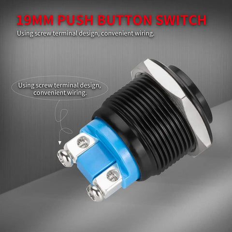 Side view of 12V 19mm Momentary Horn Push Button Switch Waterproof Round Power Button for RV Truck Boat Marine with screw terminals