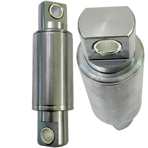 Close-up of beefed-up hydraulic rear shock upgrade for electric scooters, cylindrical suspension kit for Teewing X5, BOYUEDA, Yume.