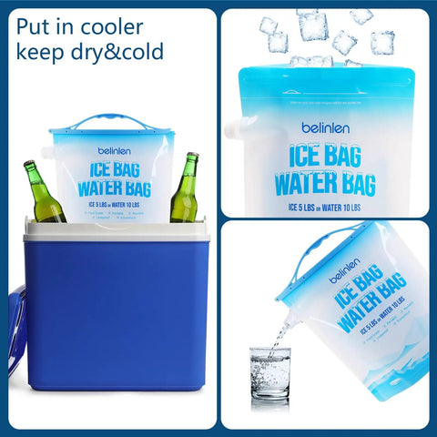 6 Pack Reusable Ice Bags For Cooler 11x14 Inches Each Hold 5 Pounds Of Ice Leakproof With Sealed Sliding Handle in a blue cooler