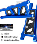 Alloy Front And Rear Suspension Arm Upgrade Kit For 1/10 Slash 4x4 VXL, Stampede 4x4 VXL, Rustler 4x4 VXL, And Hoss 4x4 VXL Navy Blue 4pc A Arms CNC Machined 6061T6 Aluminum Durable Performance showing close-up of navy blue aluminum A-arms with carbon details.