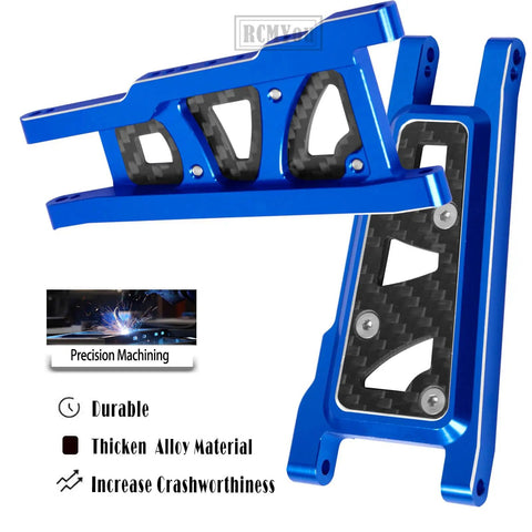 Alloy Front And Rear Suspension Arm Upgrade Kit For 1/10 Slash 4x4 VXL, Stampede 4x4 VXL, Rustler 4x4 VXL, And Hoss 4x4 VXL Navy Blue 4pc A Arms CNC Machined 6061T6 Aluminum Durable Performance showing close-up of navy blue aluminum A-arms with carbon details.