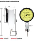Side and front view of Shockproof Dial Indicator With Flexible Magnetic Stand And Adjustable Lever Gauge for precise measurements.