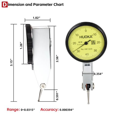 Side and front view of Shockproof Dial Indicator With Flexible Magnetic Stand And Adjustable Lever Gauge for precise measurements.