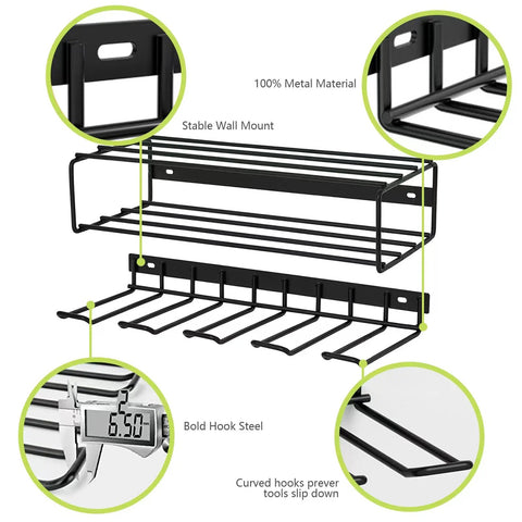 Detailed view of Three Piece Heavy Duty Steel Wire Drill Holder Wall Mount Set Black 100lb Load Capacity with curved hooks and metal material