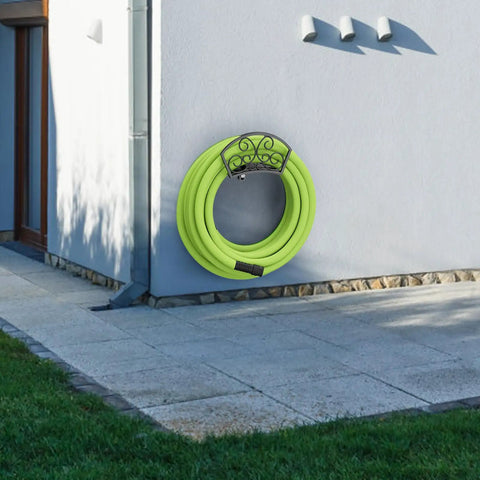 Go-To Garden Hose Holder Wall Mount Rack Holds 125 Feet Of Five Eighth Inch Hose mounted on outdoor wall with hose