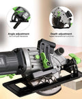 Amazon GALAX PRO compact circular saw with laser guide and green accents, 4-1/2in blade, side view