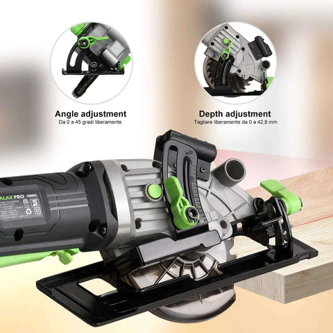 Amazon GALAX PRO compact circular saw with laser guide and green accents, 4-1/2in blade, side view