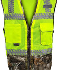Kickass Class Two Surveyors Safety Vest Featuring Sleek Camo Lower Panel And Striking Reflective Taping Built From Zero Sweat Polyester Mesh For Daily Crew Grind Or Weekend Wild Hunt Ready Setup In Large, front view showing pockets and reflective tape.